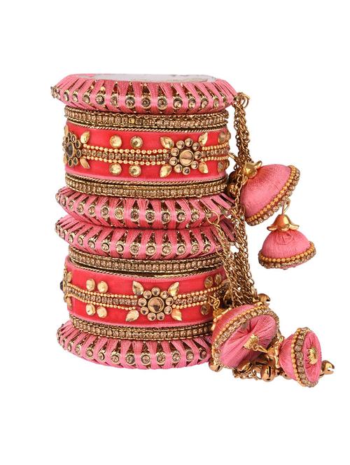 pink velvet cubic zirconia dangle ghungroo thread bangle set (10 pc ) - 17981581 - Very Small Image - 1