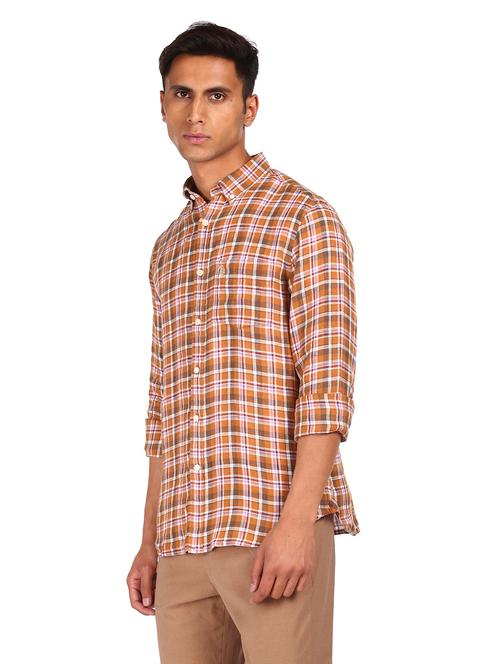 brown checkered linen casual shirt - 17982040 - Very Small Image - 1