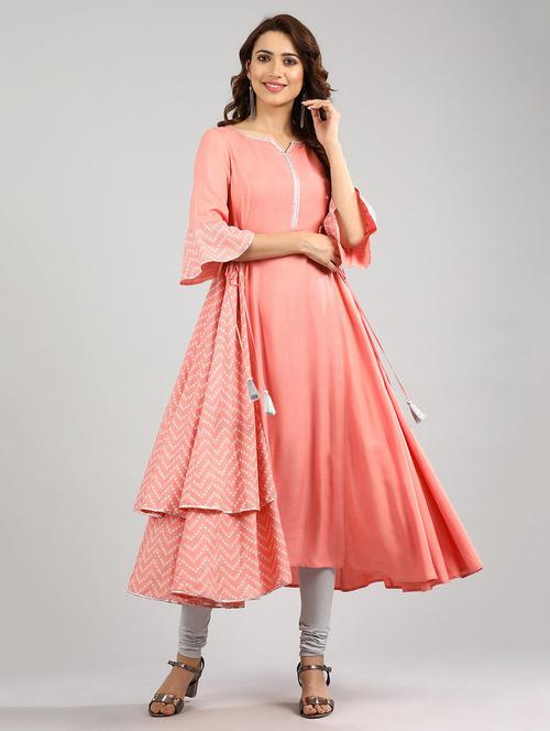 orange solid flared  kurta - 17985056 - Very Small Image - 1