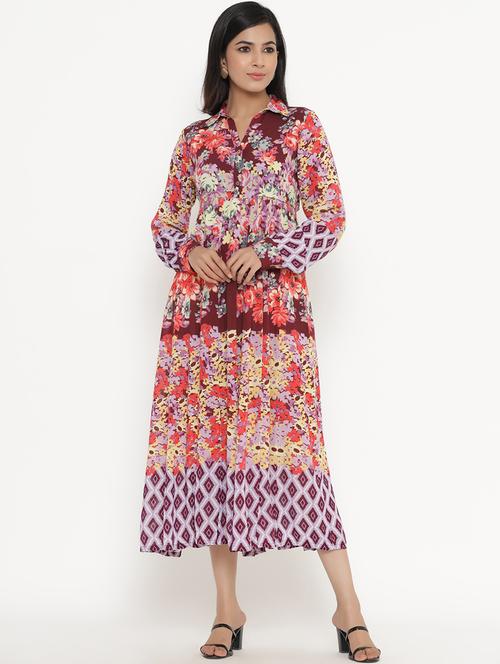Multi Colored Viscose Aline Ethnic Dress - 17995640 - Very Small Image - 1