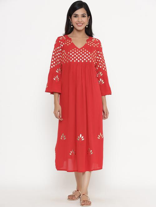 Red Viscose Aline Ethnic Dress - 17995645 - Very Small Image - 1