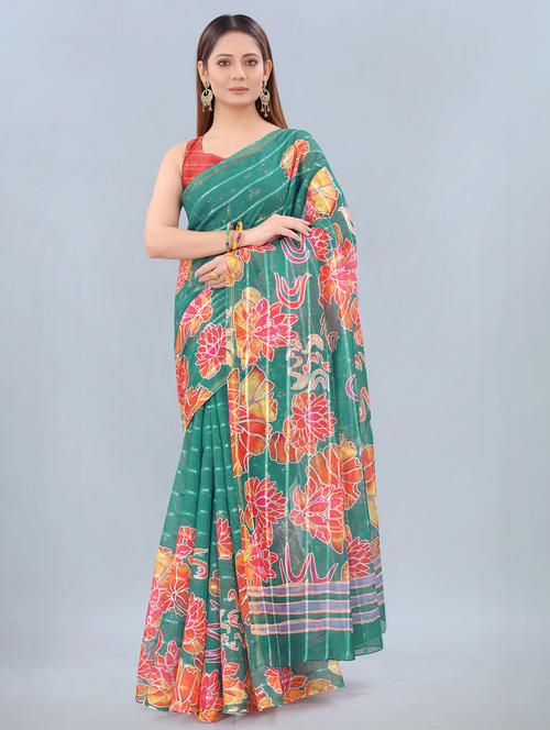 floral print woven saree with blouse - 17998282 - Very Small Image - 1