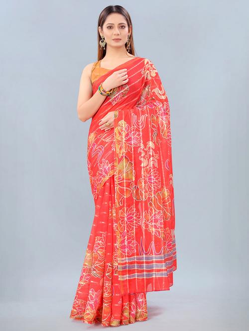 floral print woven saree with blouse - 17998284 - Very Small Image - 1