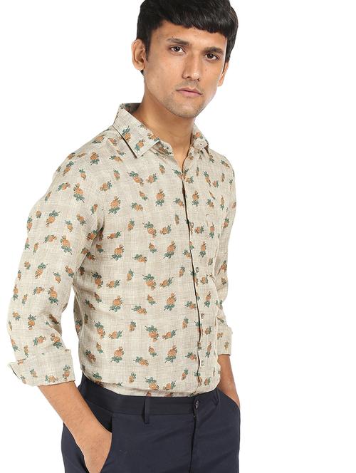 beige printed linen casual shirt - 17999026 - Very Small Image - 1