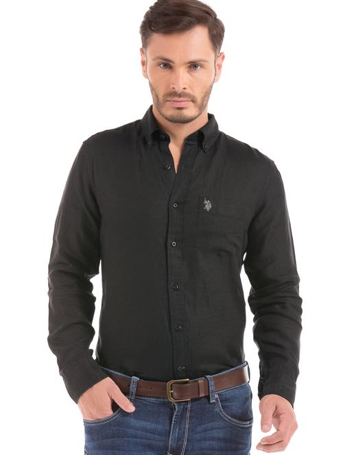 black solid linen casual shirt - 17999286 - Very Small Image - 1