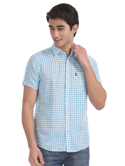 blue checkered linen casual shirt - 17999291 - Very Small Image - 1
