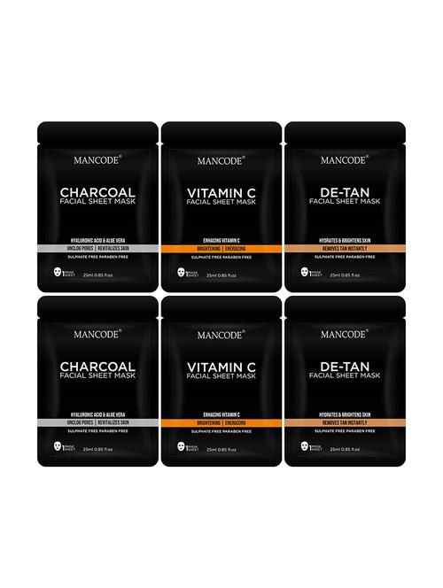 mancode charcoal, vitamin c and de tan facial sheet mask, 25 ml each, pack of 3 - 18002661 - Very Small Image - 1