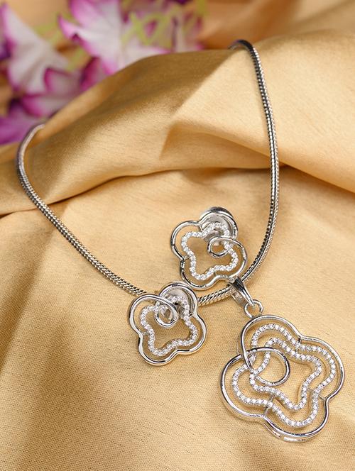 white rhodium studded floral design pendant earrings set with chain - 18002736 - Very Small Image - 1