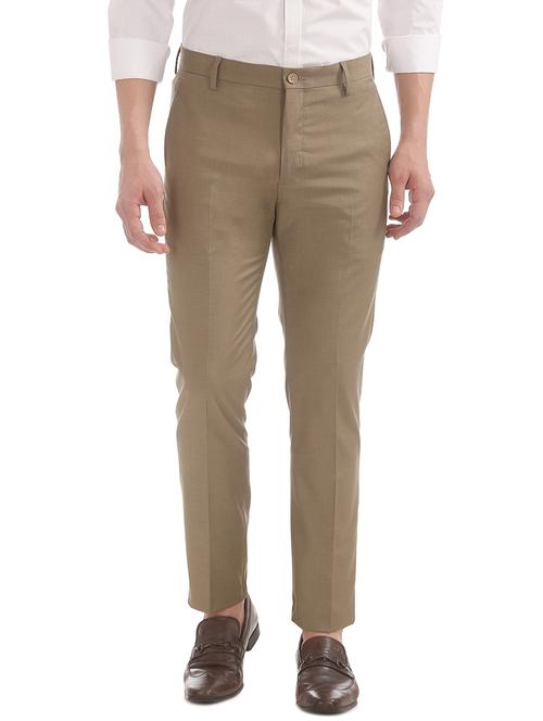 brown solid flat front formal trouser - 18004634 - Very Small Image - 1