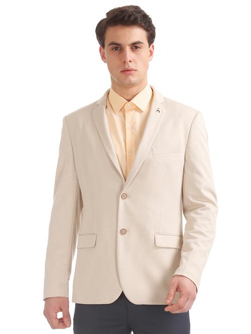beige solid single breasted casual blazer - 18004755 - Very Small Image - 1