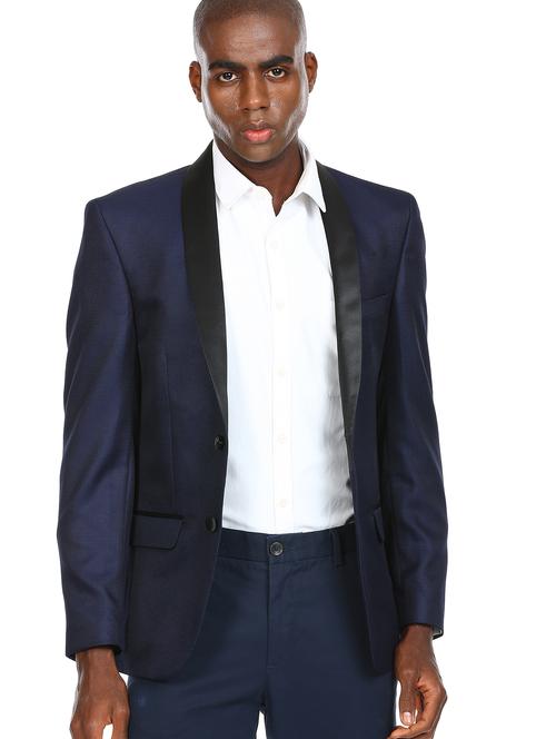 blue self design tuxedo formal blazer - 18004780 - Very Small Image - 1