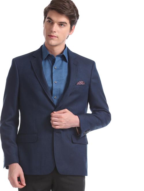 blue self design single breasted formal blazer - 18004804 - Very Small Image - 1