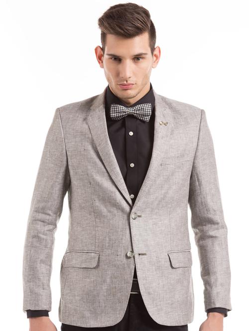 beige self design linen formal blazer - 18004809 - Very Small Image - 1