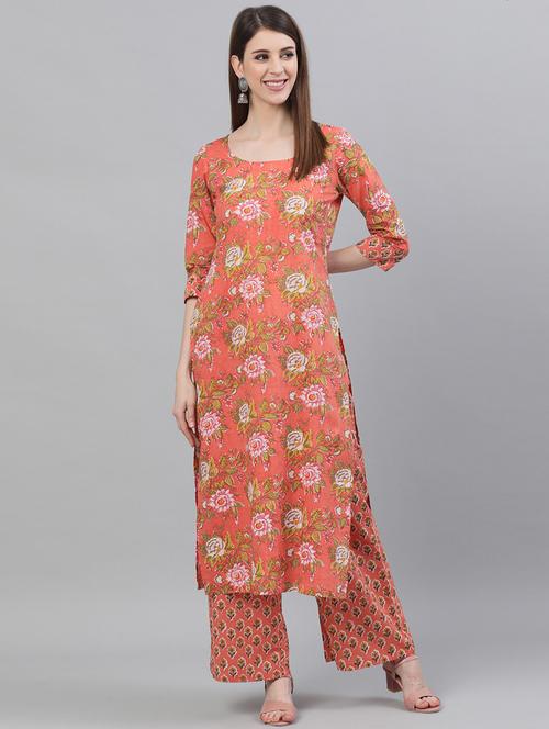peach cotton kurta palazzo  set - 18007497 - Very Small Image - 1