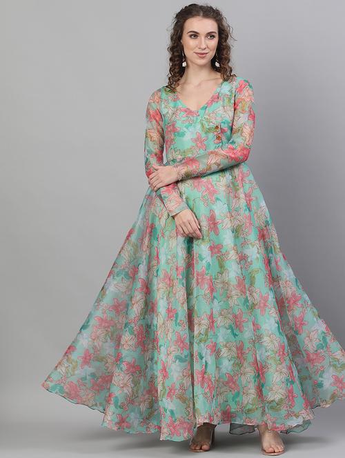 green printed fit & flare ethnic dress - 18007507 - Very Small Image - 1