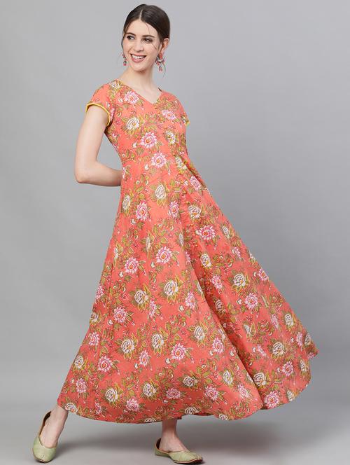 peach printed fit & flare ethnic dress - 18007533 - Very Small Image - 1