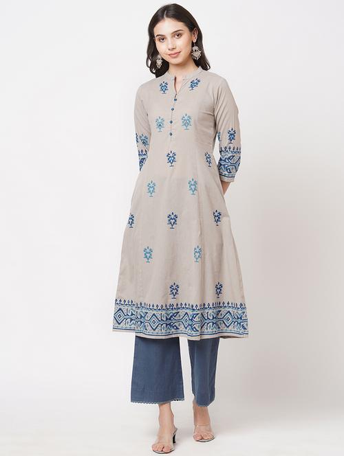 grey cotton flared kurta - 18008520 - Very Small Image - 1