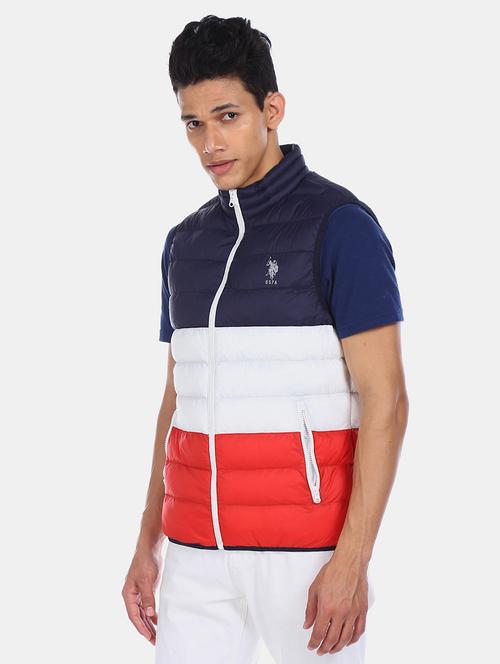 blue color block quilted jacket - 18008946 - Very Small Image - 1