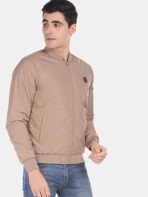beige solid bomber jacket - 18008990 - Very Small Image - 1