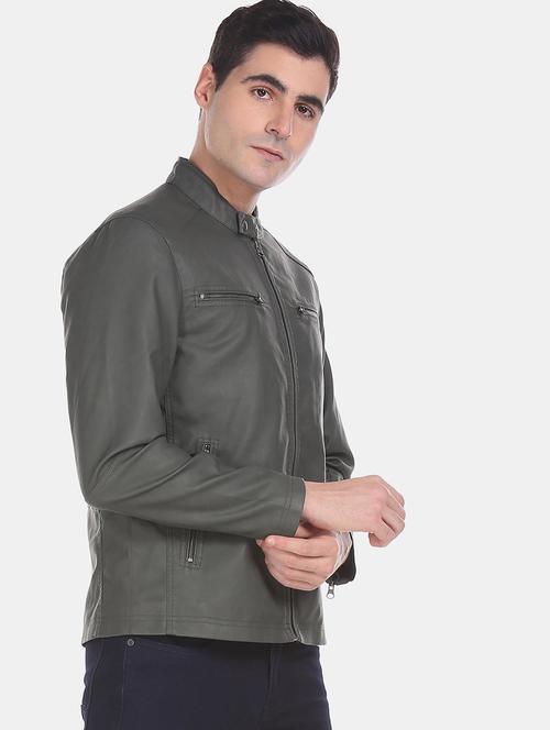 olive green solid biker jacket - 18009001 - Very Small Image - 1