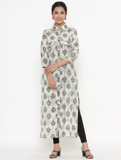 offwhite cotton straight kurta - 18012114 - Very Small Image - 1