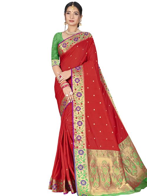 women's self design red colored saree with blouse - 18012336 - Very Small Image - 1