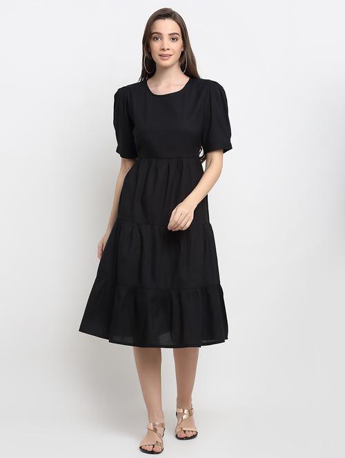 round neck solid  fit & flare dress - 18013716 - Very Small Image - 1