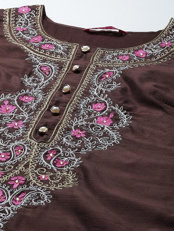 brown chanderi suit set - 18018908 - Standard Image - 3