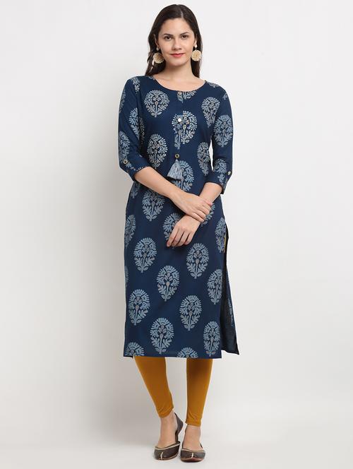 navy blue printed straight kurta - 18020125 - Very Small Image - 1