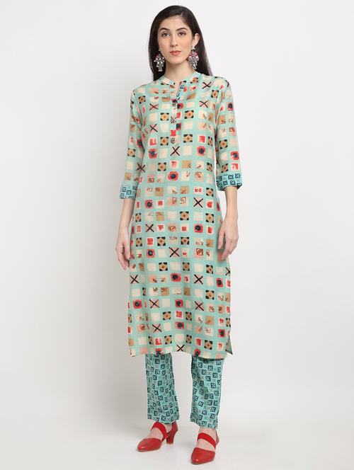 green chanderi kurta pant  set - 18020148 - Very Small Image - 1