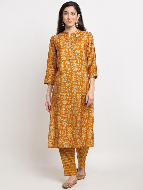 yellow chanderi kurta pant  set - 18020176 - Very Small Image - 1