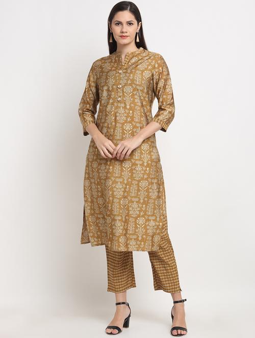 gold chanderi kurta pant  set - 18020177 - Very Small Image - 1