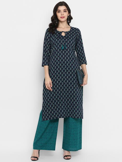 navy cotton kurta palazzo  set - 18022634 - Very Small Image - 1