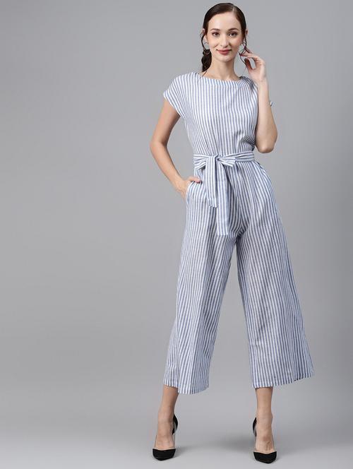 tie front striped full leg jumpsuit - 18024680 - Very Small Image - 1