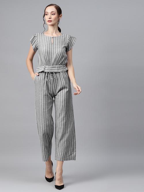 tie front striped full leg jumpsuit - 18024682 - Very Small Image - 1