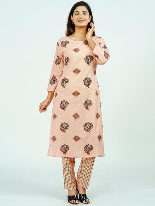 peach cotton kurta pant  set - 18025729 - Very Small Image - 1