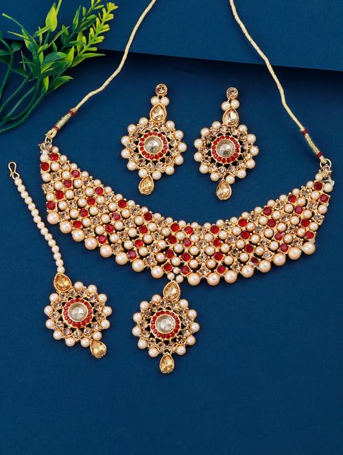 pearl and red stone studded necklace with earring and maangtikka - 18026959 - Very Small Image - 1