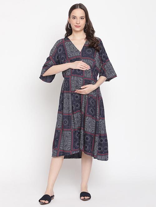 v-neck printed maternity wear dress - 18027222 - Very Small Image - 1