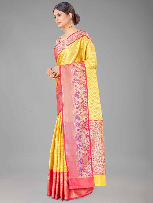 yellow art silk kanjivaram saree with blouse - 18028095 - Very Small Image - 1