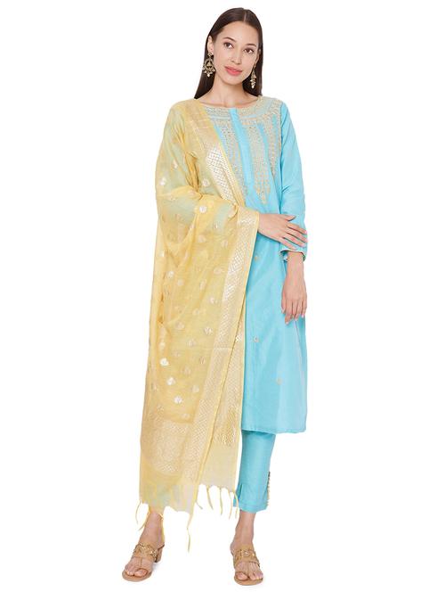 blue chanderi kurta pant  set - 18028942 - Very Small Image - 1