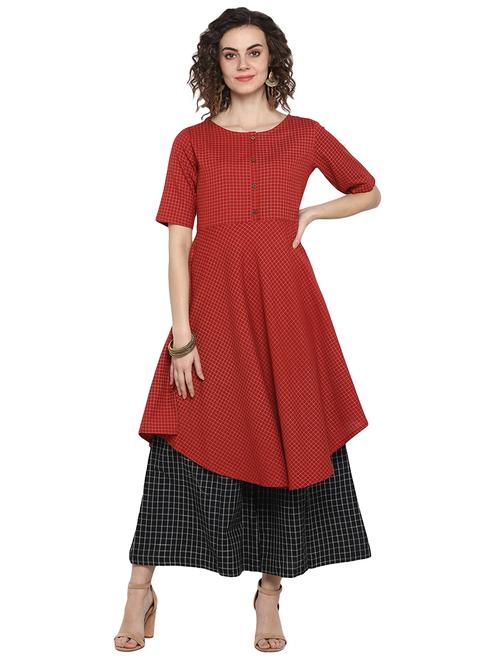 maroon cotton flared kurta - 18029221 - Very Small Image - 1