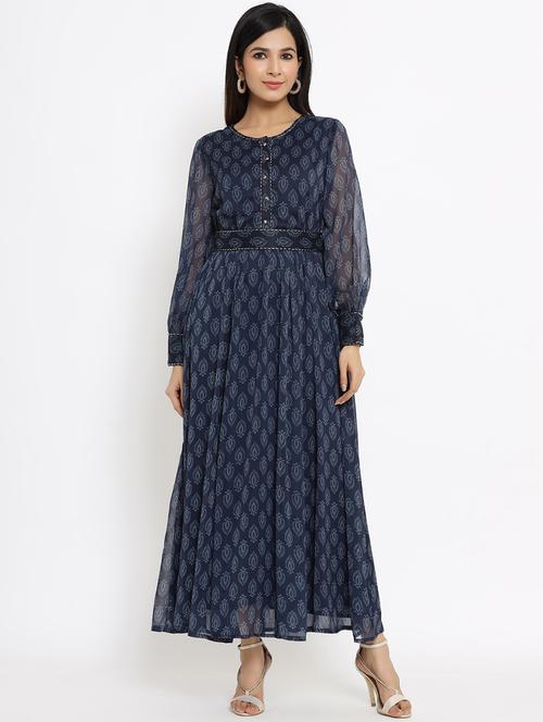 navy blue chiffon flared ethnic dress - 18029318 - Very Small Image - 1