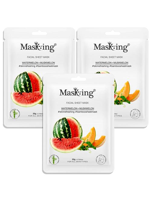 masking bamboo facial sheet mask of watermelon & muskmelon for skin refreshing ideal for women & men, 20ml each (pack of 3) - 18032405 - Very Small Image - 1