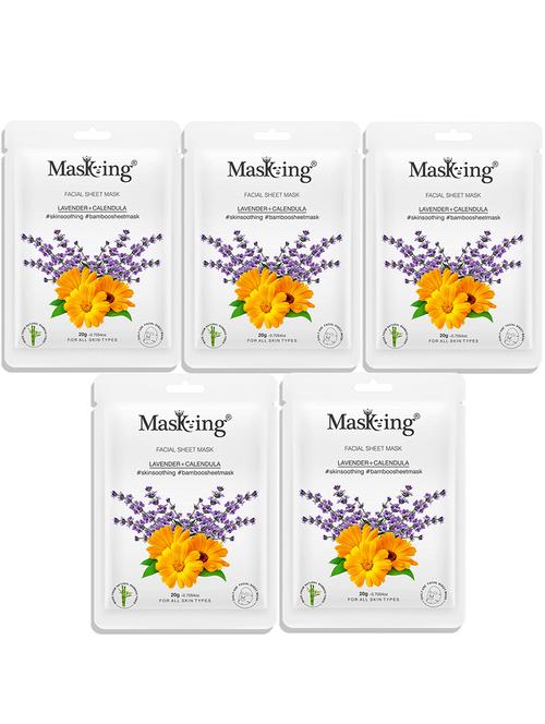 masking bamboo facial sheet mask of lavender & calendula for skin soothing ideal for women & men, 20ml each (pack of 5) - 18032419 - Very Small Image - 1