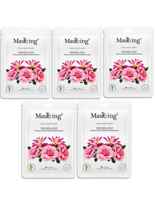 masking bamboo facial sheet mask of pink rose & lotus for skin purifying ideal for women & men, 20ml each (pack of 5) - 18032420 - Very Small Image - 1