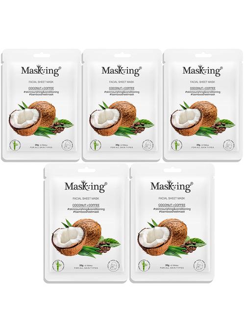 masking bamboo facial sheet mask of coconut & coffee for skin nourishing ideal for women & men, 20ml each (pack of 5) - 18032422 - Very Small Image - 1