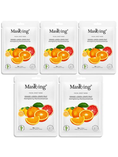 masking bamboo facial sheet mask of orange, lemon & grapefruit for skin lightening ideal for women & men, 20ml each (pack of 5) - 18032424 - Very Small Image - 1