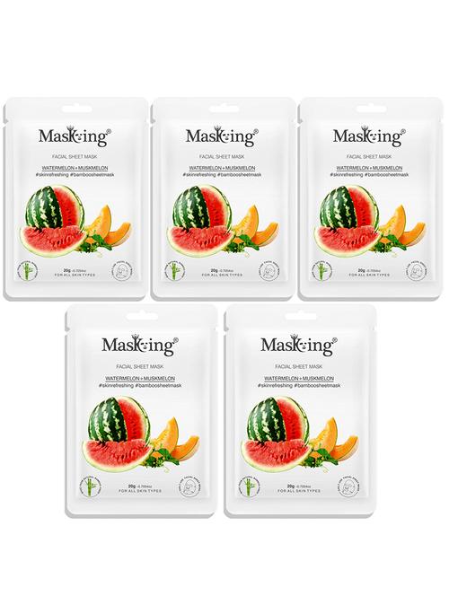 masking bamboo facial sheet mask of watermelon & muskmelon for skin refreshing ideal for women & men, 20ml each (pack of 5) - 18032429 - Very Small Image - 1