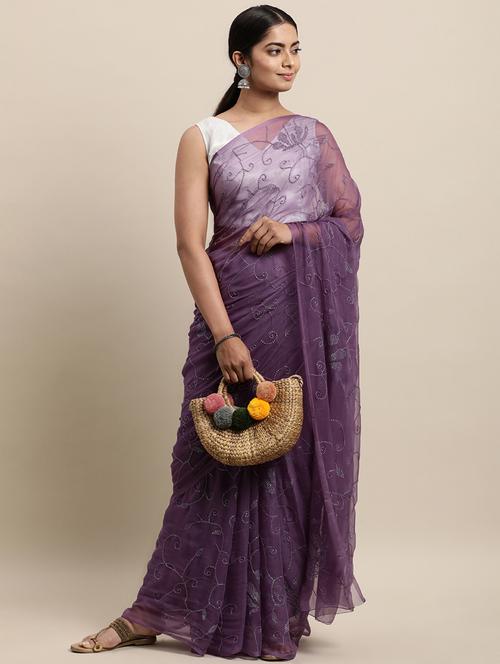 purple sequined saree with blouse - 18032997 - Very Small Image - 1