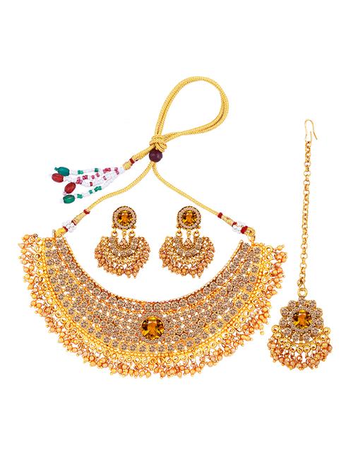 gold metal choker necklace with earring and maangtikka - 18033399 - Very Small Image - 1